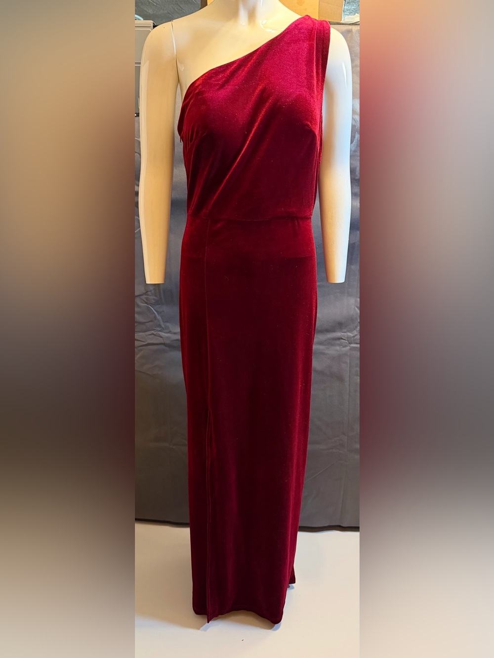 NWT One-Shoulder Velvet Evening Gown - Burgundy